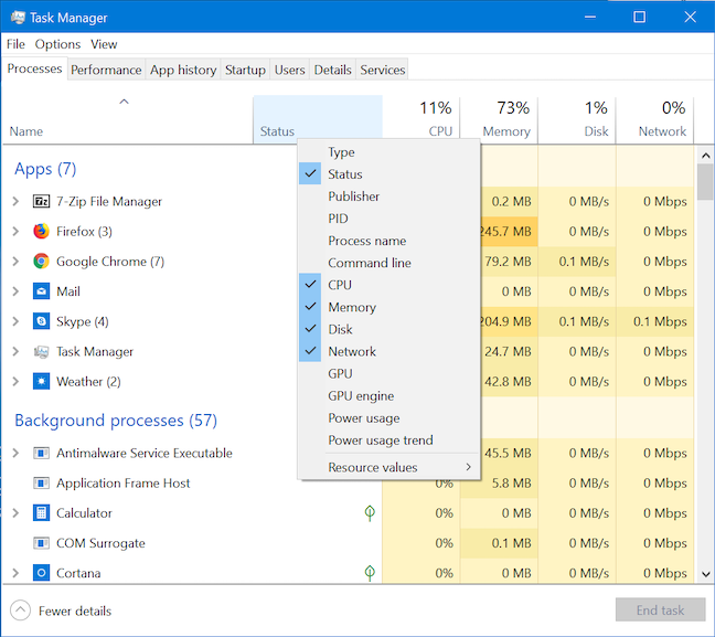 There are fourteen optional columns available in the Processes tab