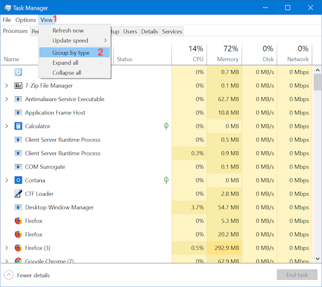 The Group by type option changes the way apps and processes are sorted