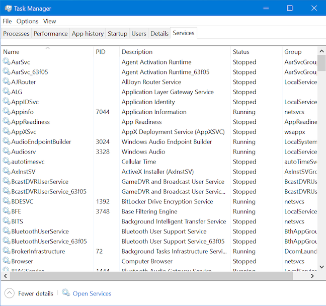 The Services tab in the full version of the Task Manager