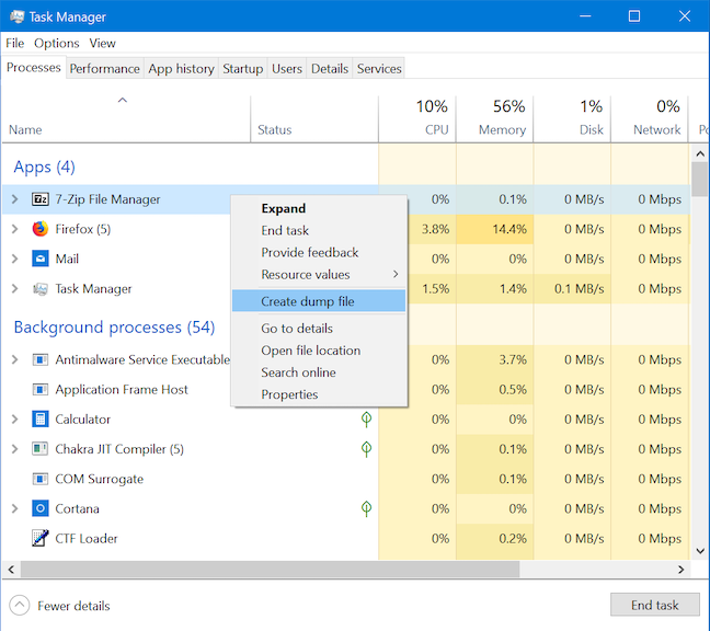 Create a dump file from the Task Manager