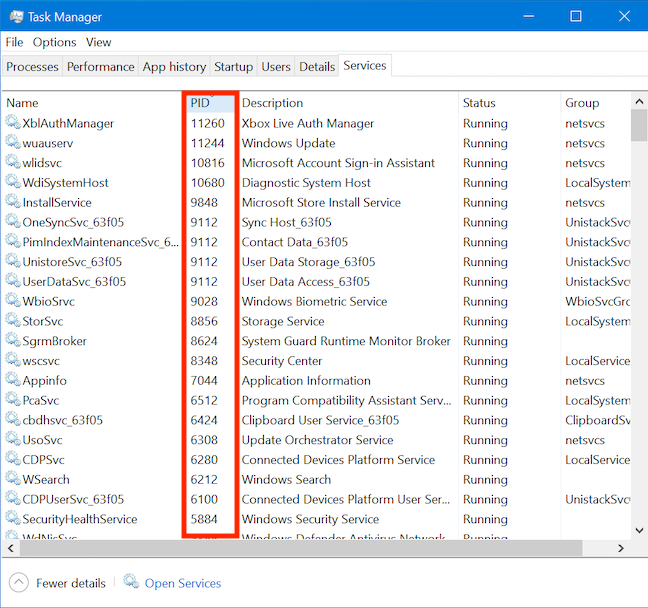 Services arranged by the values displayed in the PID column