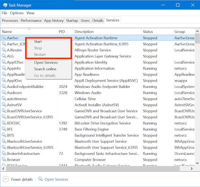 Change a service's status from the Task Manager