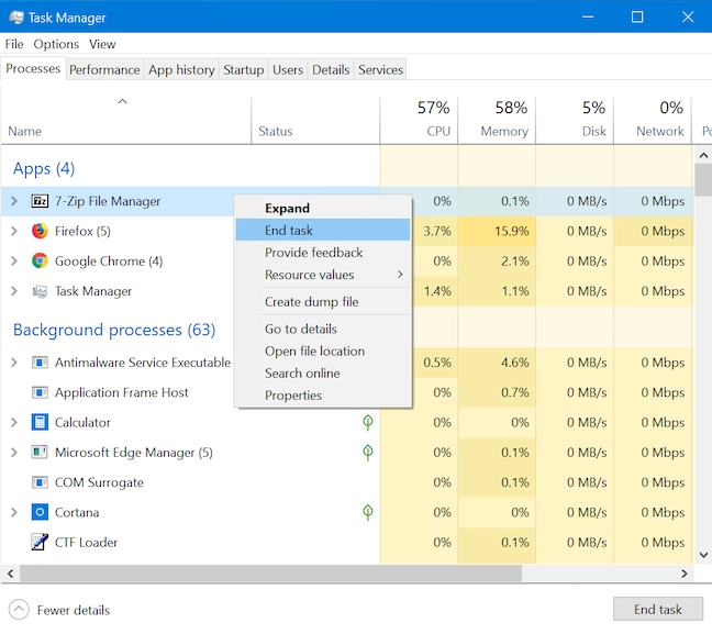 Use End task to terminate a process from the Task Manager
