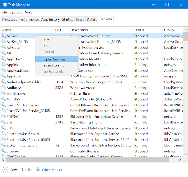 Open Services from the contextual menu in the Task Manager