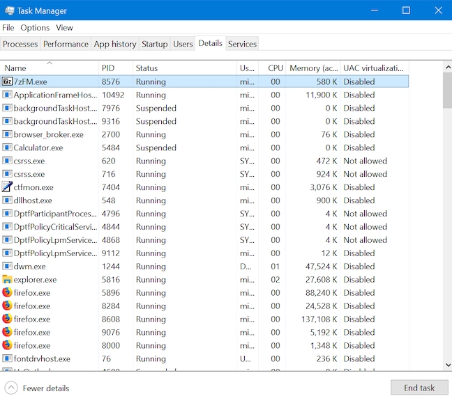 The Details tab opens highlighting the corresponding executable