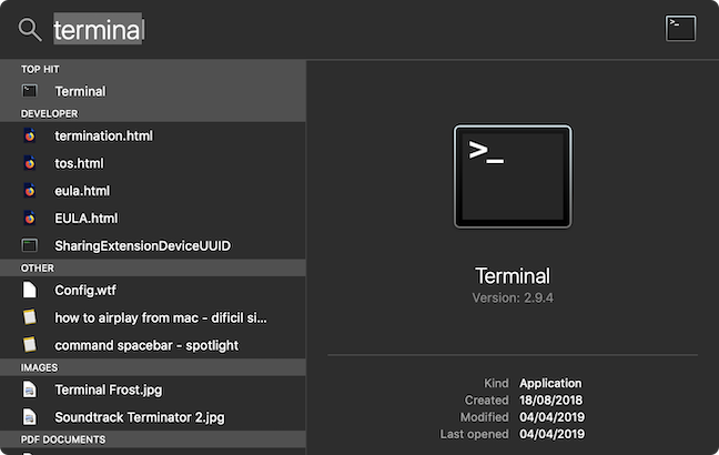 Finding the Terminal app via Spotlight