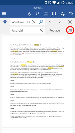 Android, Microsoft, Office, Word, text, replace, find, search