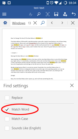 Android, Microsoft, Office, Word, text, replace, find, search