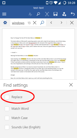 Android, Microsoft, Office, Word, text, replace, find, search