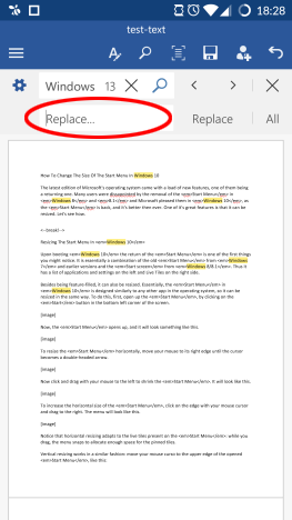 Android, Microsoft, Office, Word, text, replace, find, search