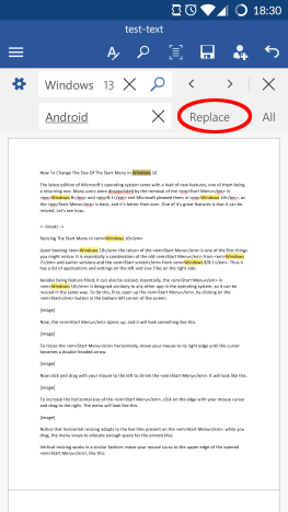 Android, Microsoft, Office, Word, text, replace, find, search