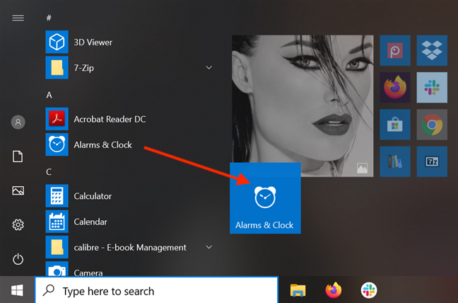 Drag and drop a Start Menu shortcut to create a tile