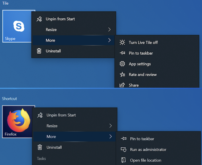 Tiles and shortcuts have different options in the More menu