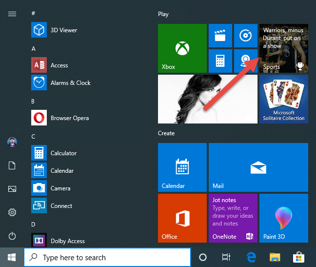 The tile of the Sports app in Windows 10