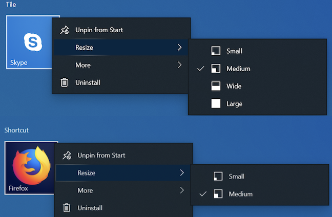 Tile vs. shortcut size in Windows 10