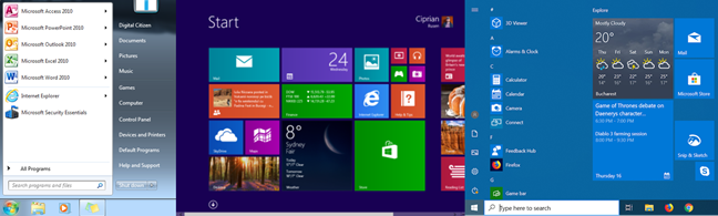 The evolution of the Start Menu from Windows 7 to Windows 8 to Windows 10