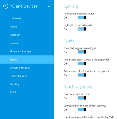 Windows 8.1, touch, keyboard, sounds, autocorrect, settings, spelling