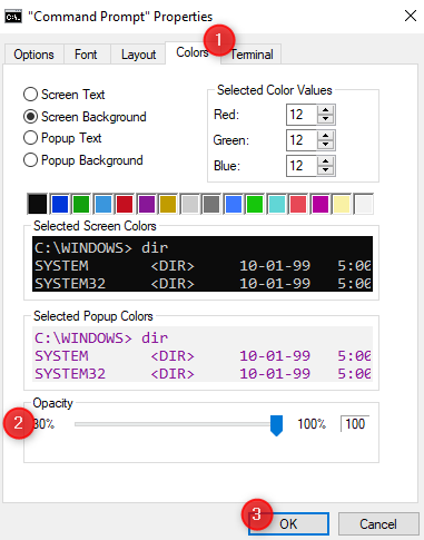 Set the opacity level for the Command Prompt