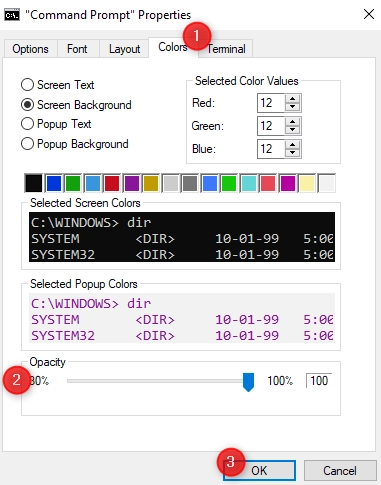 Set the opacity level for the Command Prompt