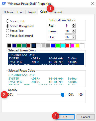 Set the opacity level for PowerShell