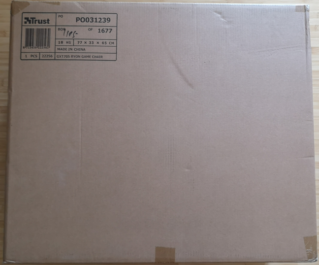 The packaging of the Trust GXT 705 Ryon gaming chair