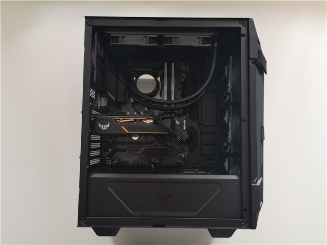 The ASUS TUF Gaming GT301 computer case without its glass panel