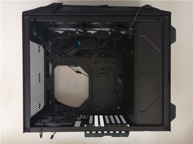 The ASUS TUF Gaming GT301 computer case with the power supply mounted