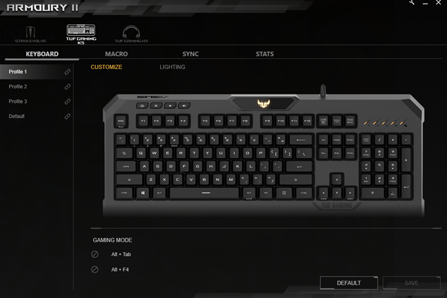 Customization options offered by the Armoury II software