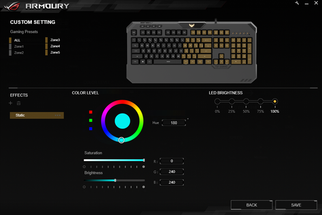 The illumination effects and settings for the ASUS TUF Gaming K5 keyboard