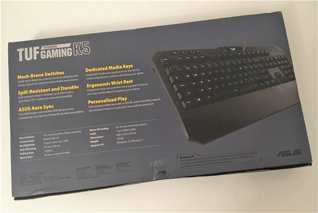 The bottom of the ASUS TUF Gaming K5 package