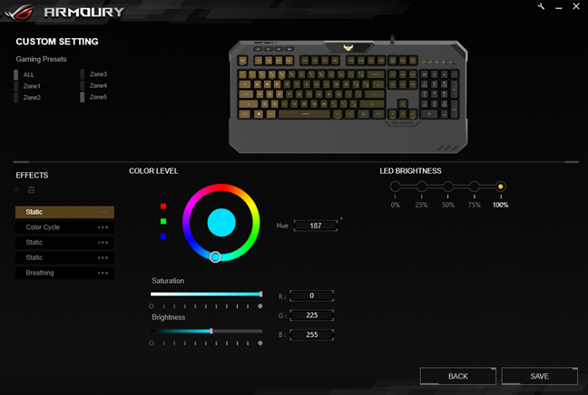 The five illumination zones on the ASUS TUF Gaming K5 keyboard