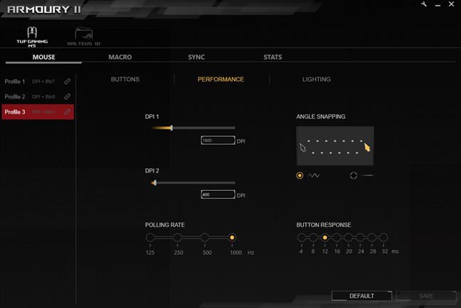 Performance settings for the ASUS TUG Gaming M5 mouse