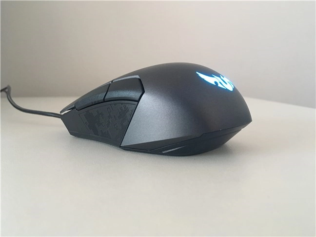 The ASUS TUG Gaming M5 mouse seen from left and behind