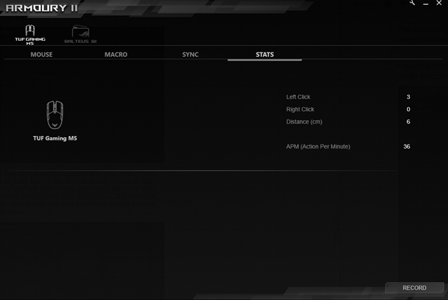 Statistics recording for the ASUS TUG Gaming M5 mouse