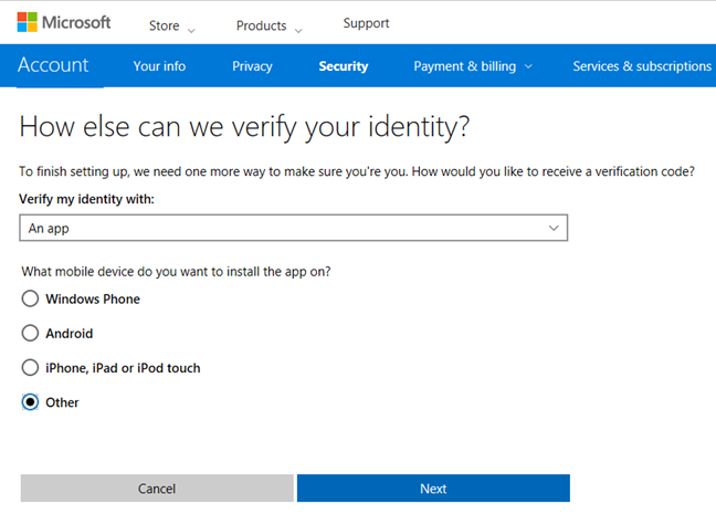 Microsoft, account, two-step verification, Authenticator