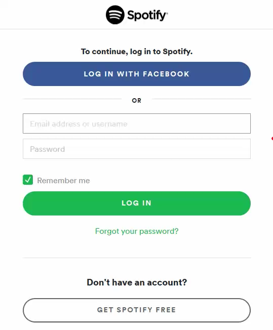 Spotify login: a username and a password are requested