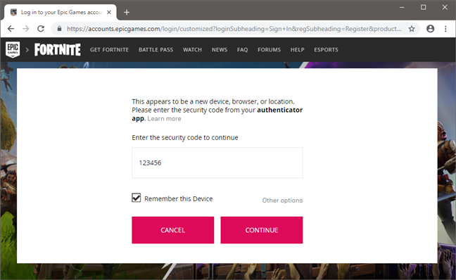 Providing a 2FA passcode to sign into a Fortnite (Epic Games) account