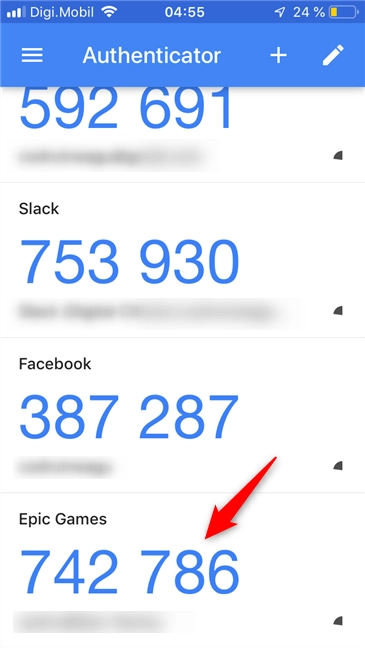 The Google Authenticator app on a smartphone