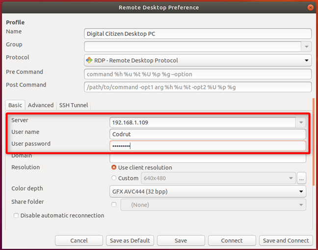 Entering the IP address and the username and password