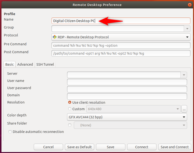 Choosing a name for the remote desktop profile