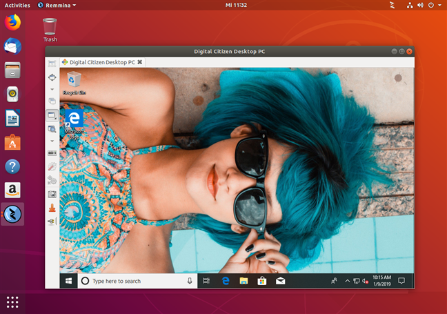 A remote desktop connection established from Ubuntu to Windows