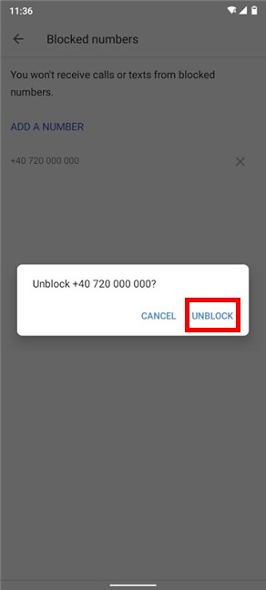 Confirm to remove the unblock for that number
