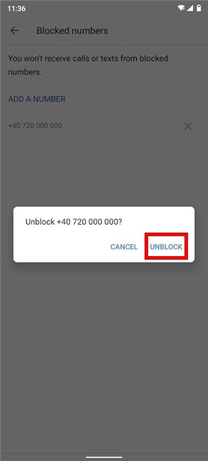 Confirm to finish unblocking the number