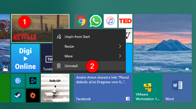 Uninstalling an app using the Start Menu from Windows 10
