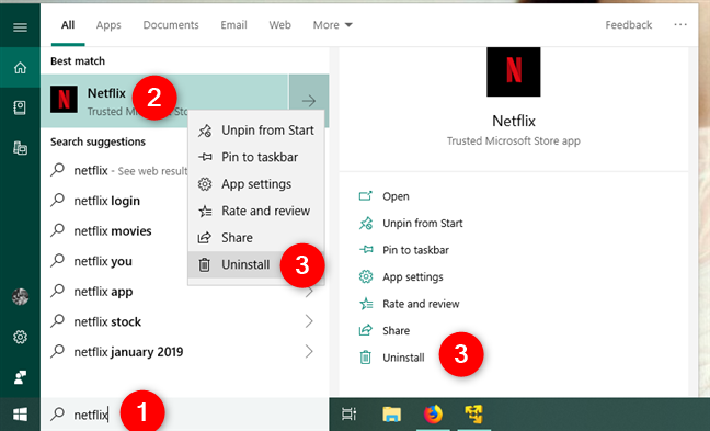 Uninstalling an app using the search from Windows 10