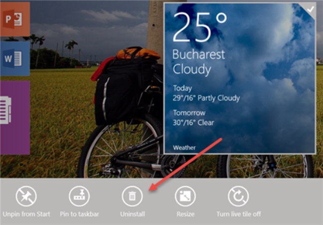 Uninstalling an app using the Start screen from Windows 8.1