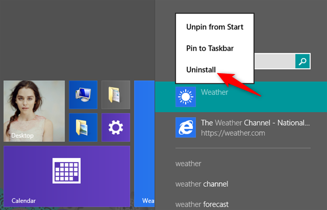 Using search to find and uninstall an app from Windows 8.1