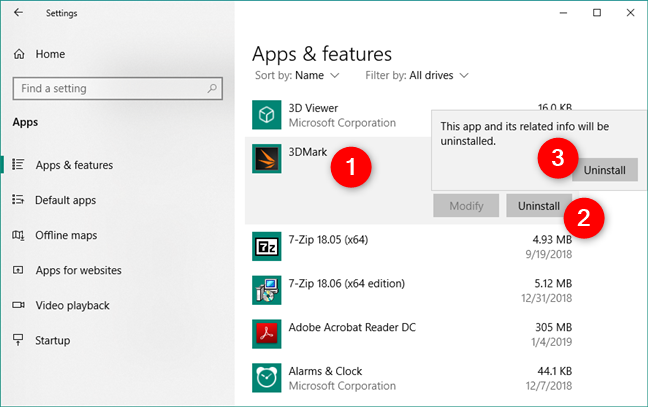 Uninstalling an app from Windows 10, using the Settings