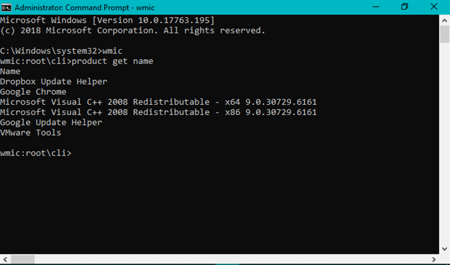 The product get name command in Command Prompt