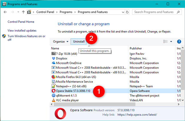 Uninstalling a program using the Control Panel